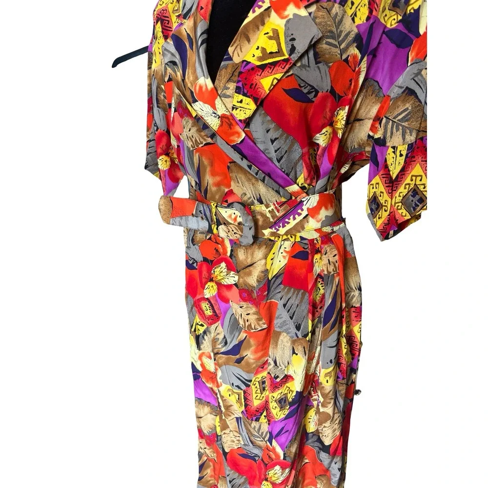 Vintage 100% Silk Tropical Floral Geometric Belted Wrap Midi‎ Dress Multicolor